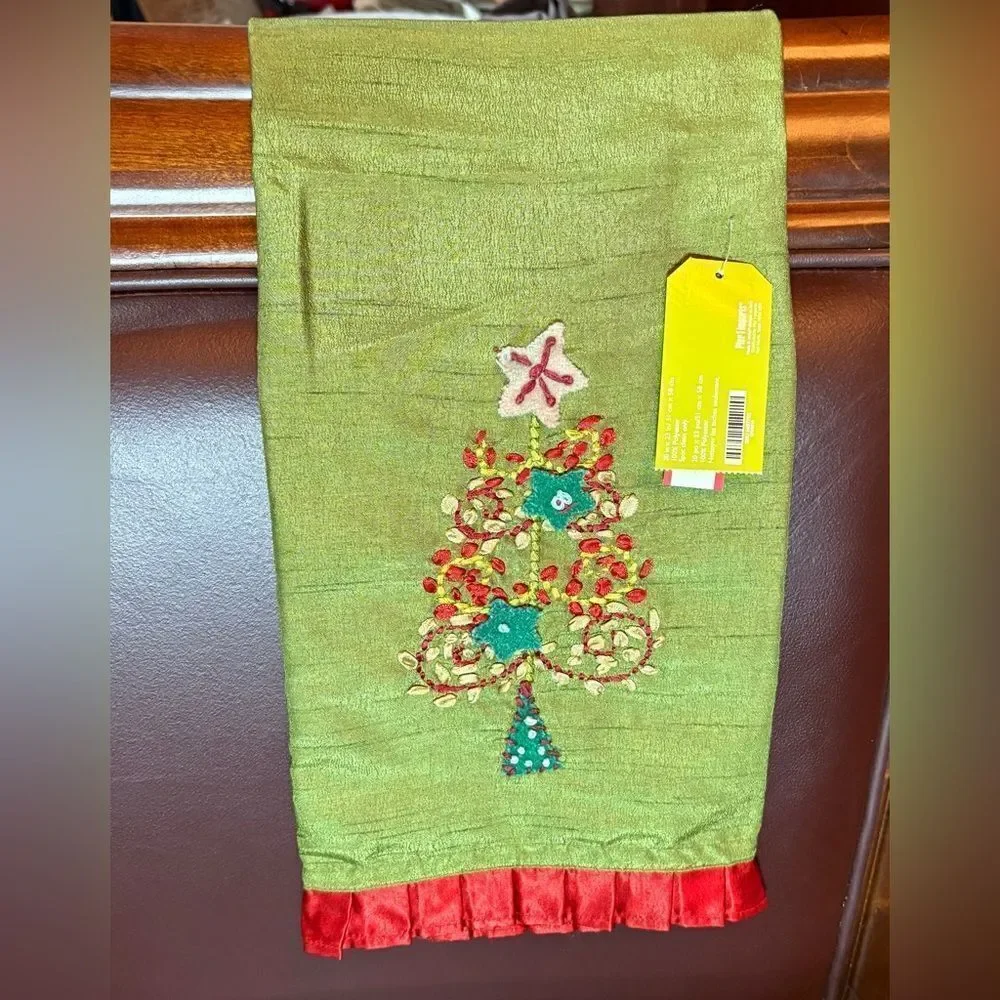Pier One Imports Festive Green embellished Christmas Tree Tea Towel NWT